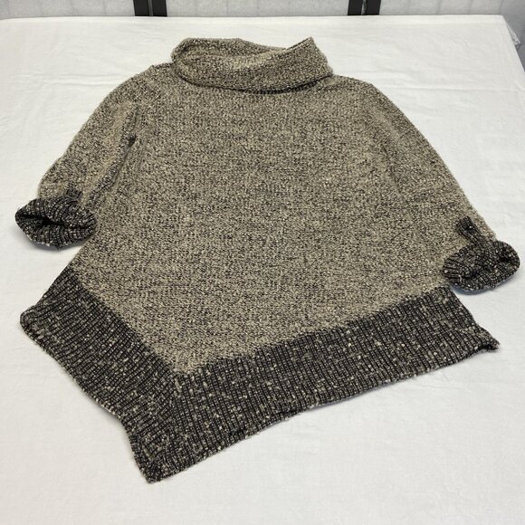 SJS Boucle Knit Cowl Neck Asymmetrical Sweater L Black Tan Roll Sleeve Cozy Chic - Picture 7 of 12